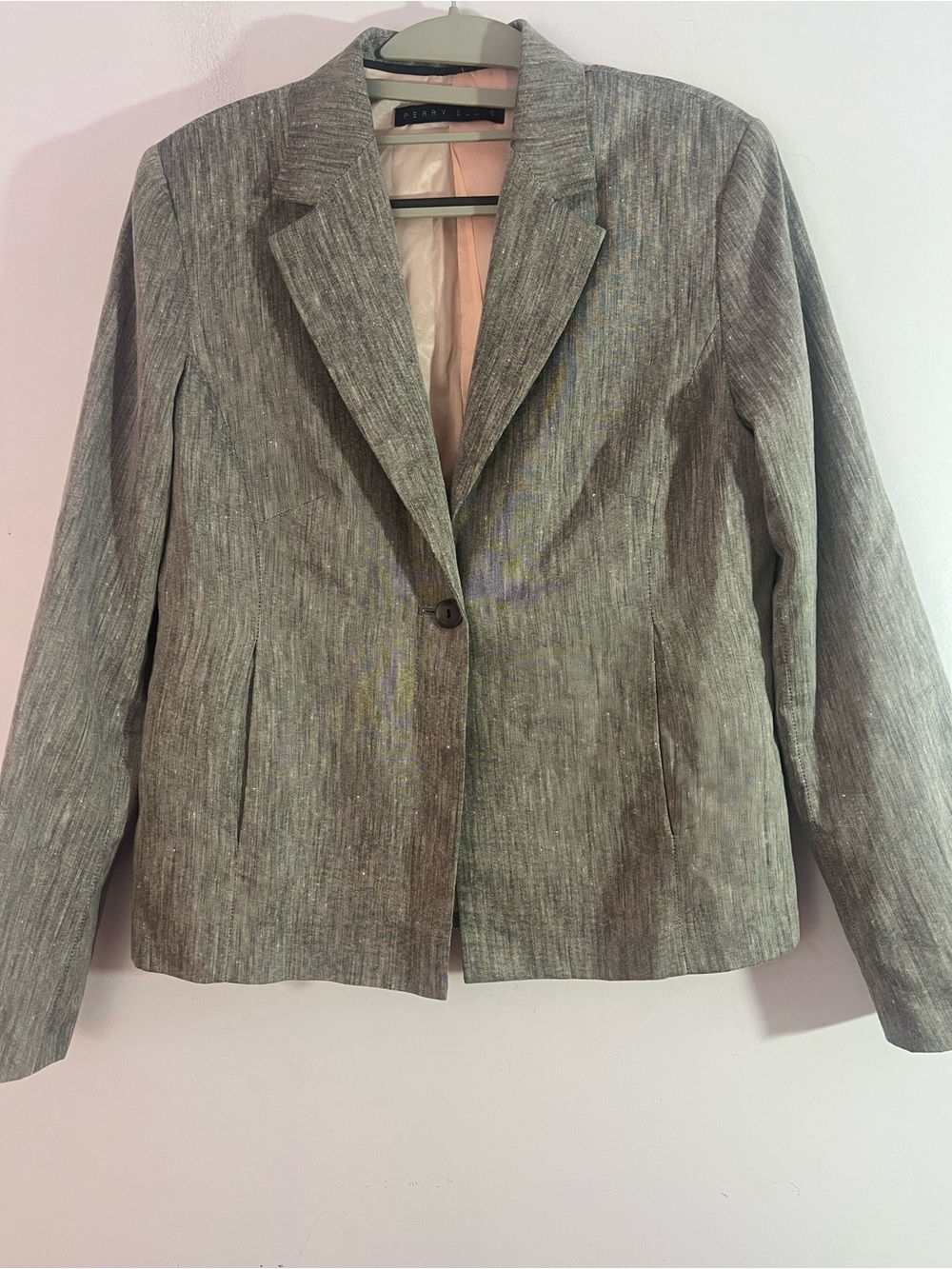 Vintage Perry Ellis Women’s Small Linen Blend Blazer Gray Made USA Padded Should
